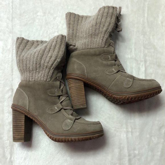 PAJAR Winter Fleece Lined Taupe Block Heel Fold Over Booties Size 8 - Picture 4 of 11